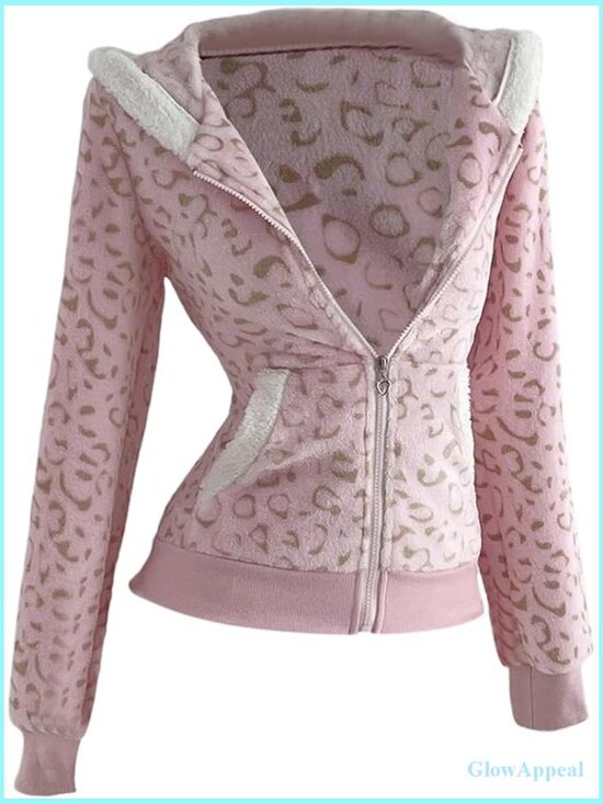 Tops - Leopard Print Zip Up Hoodie Fitted Fleece Sweatshirt Long Sleeve